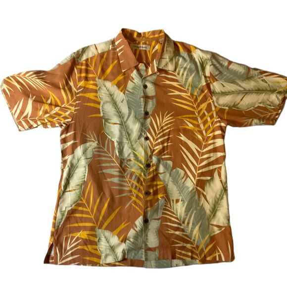 Tommy Bahama Mens Silk Hawaiian Short Sleeve Button Down Shirt Leaf Print Medium - Picture 1 of 7